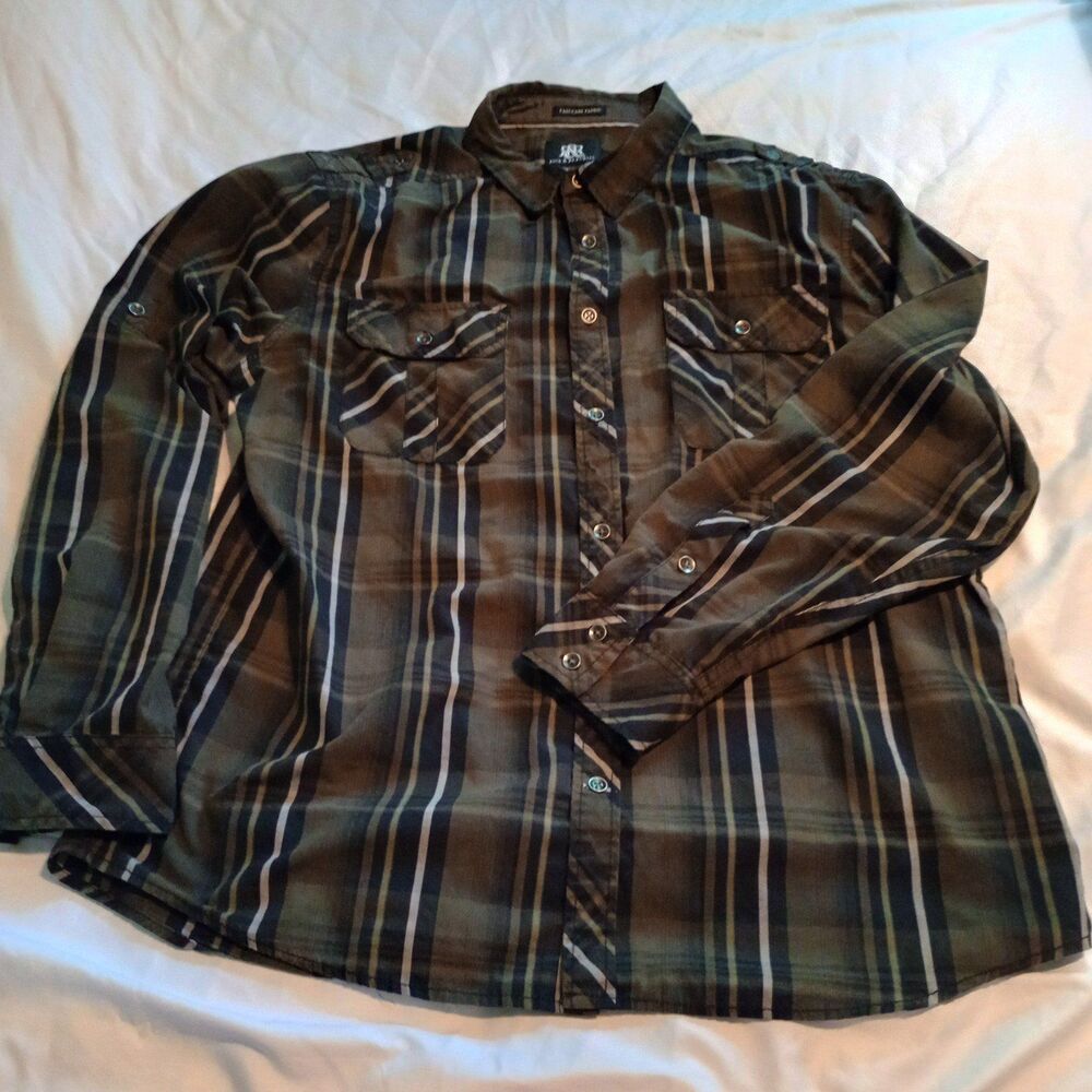 Men's Rock & Republic XL L/S Button Up Green Plaid Roll Tab Sleeve Easy Care